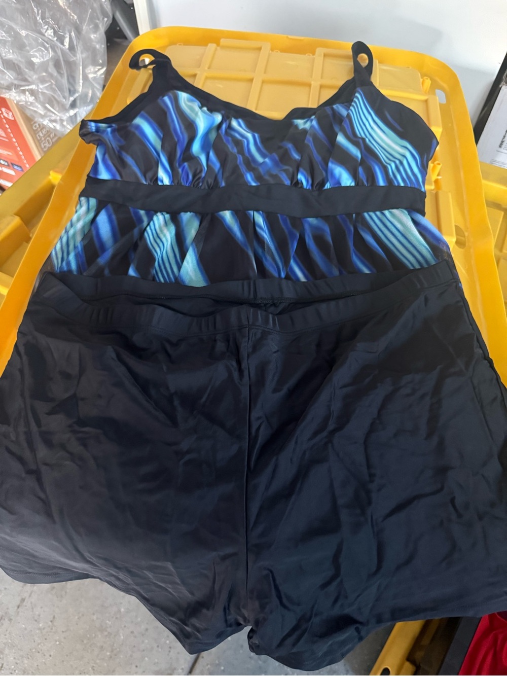 Black swim top & shorts  with Blue Wave Print